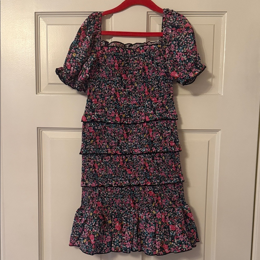 Katie J Girls' Black Floral Smocked Tiered Dress - Pink & Blue Floral